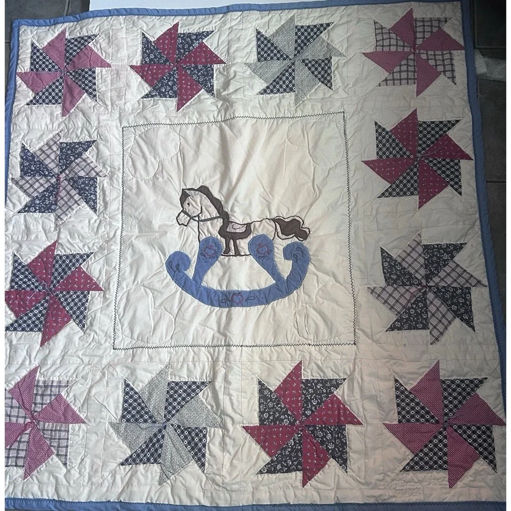 Handmade Baby Crib Quilt 44x45 Rocking Horse Pinwheel Patchwork Blue Red